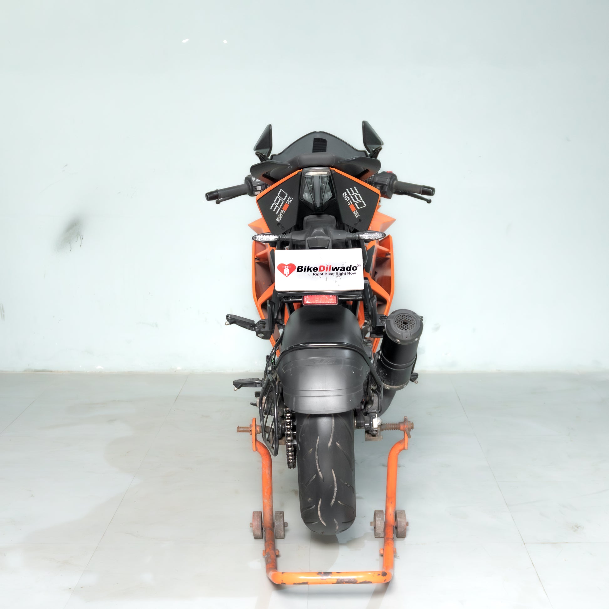 Motorcycle on a stand with a white background