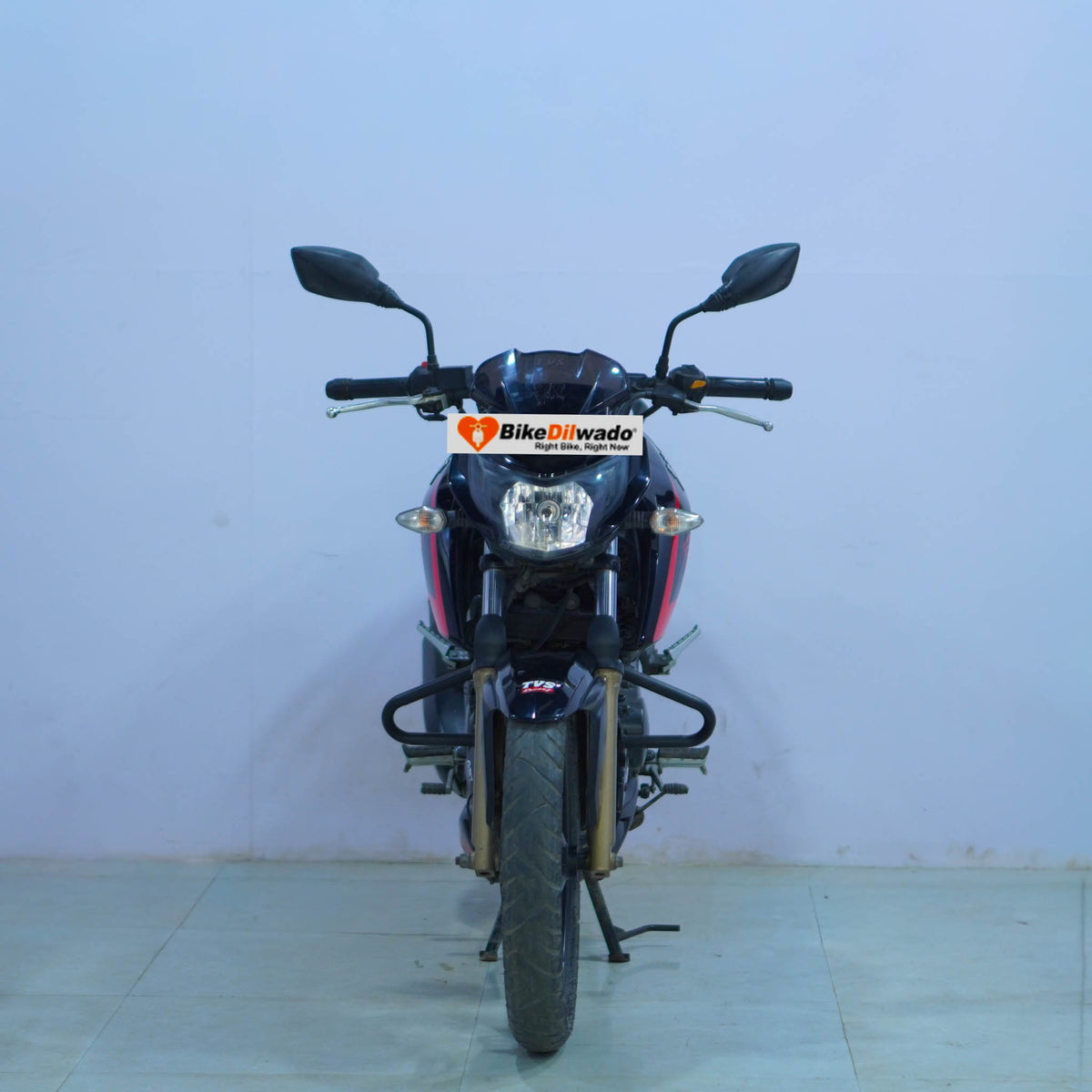 TVS Apache 200 4V motorcycle by BikeDilwado, front view showing sporty design and sleek bodywork.
